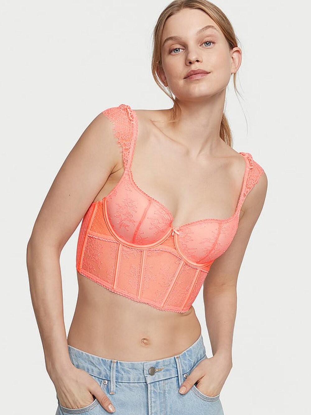 VS Lace Longline Bustier Crop Top Neon Coral Pink, XS